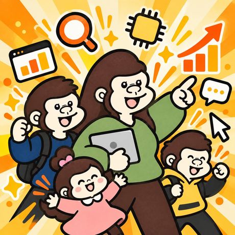 3児の母ウミと子どもたち。SEO・AI・マーケティングのアイコンに囲まれて